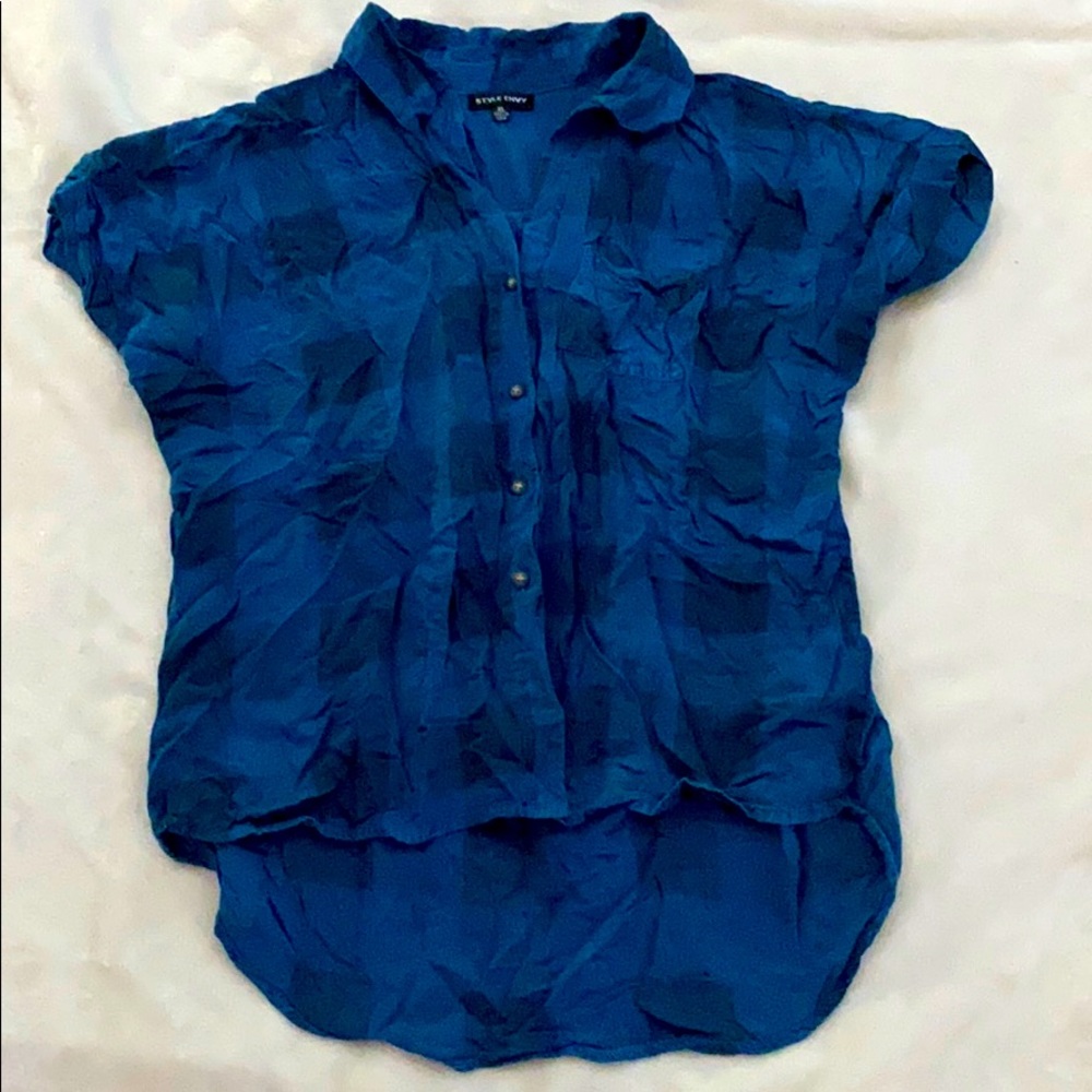 Button down blue plaid blouse